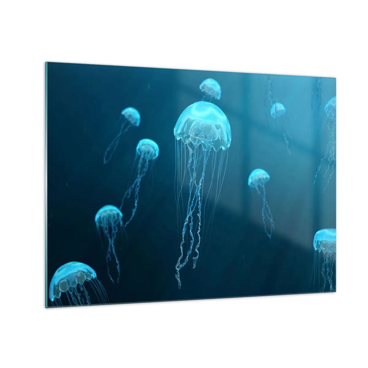 Impression sur verre - Image sur verre - Méduses flottant dans l'océan bleu profond - 70x50cm - Danse océanique - Décoration murale moderne pour le salon et la chambre ARTTOR