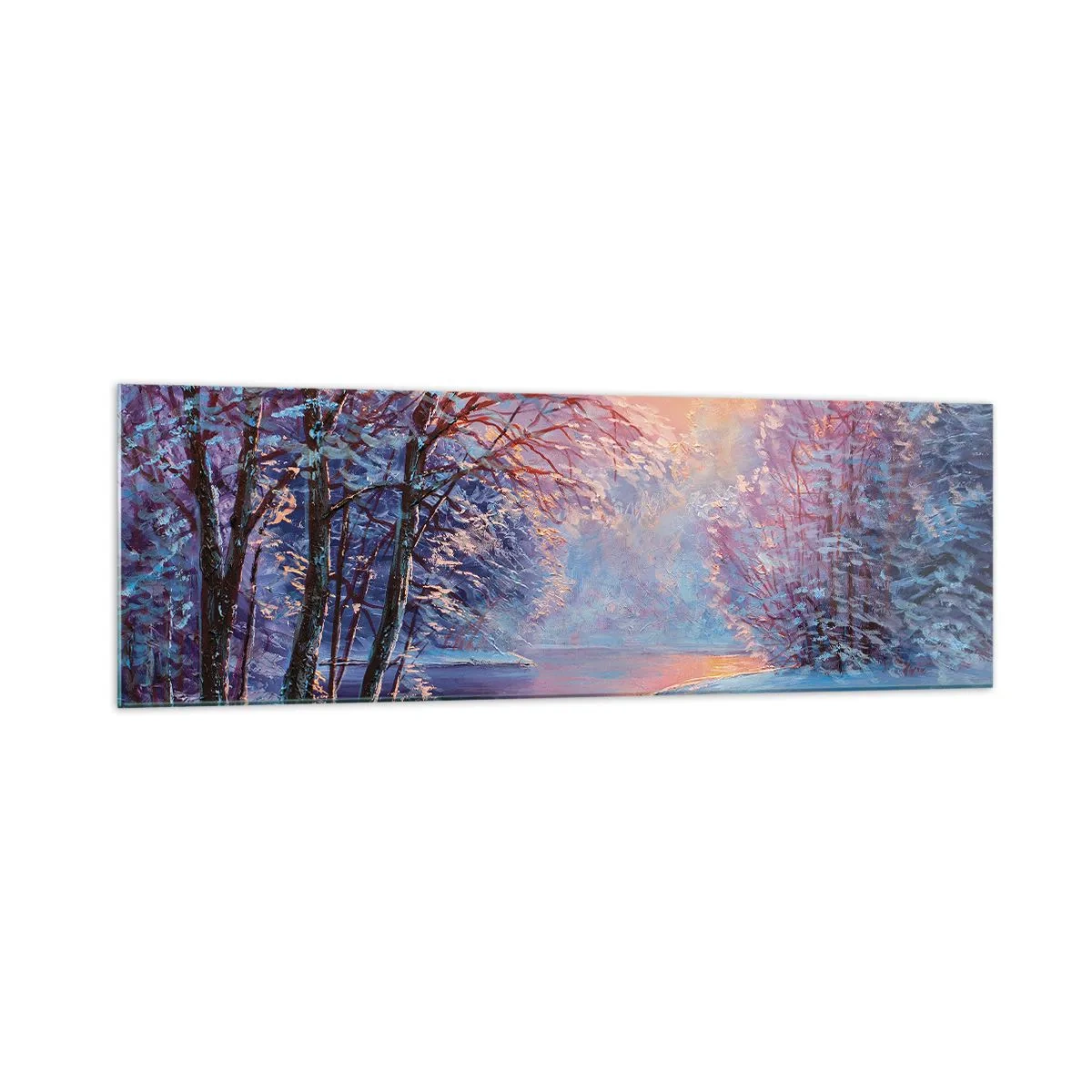 Impression sur verre - Image sur verre - Paysage d'hiver avec rivière et arbres au lever du soleil - 160x50cm - Couleurs d'hiver - Décoration murale moderne pour le salon et la chambre ARTTOR