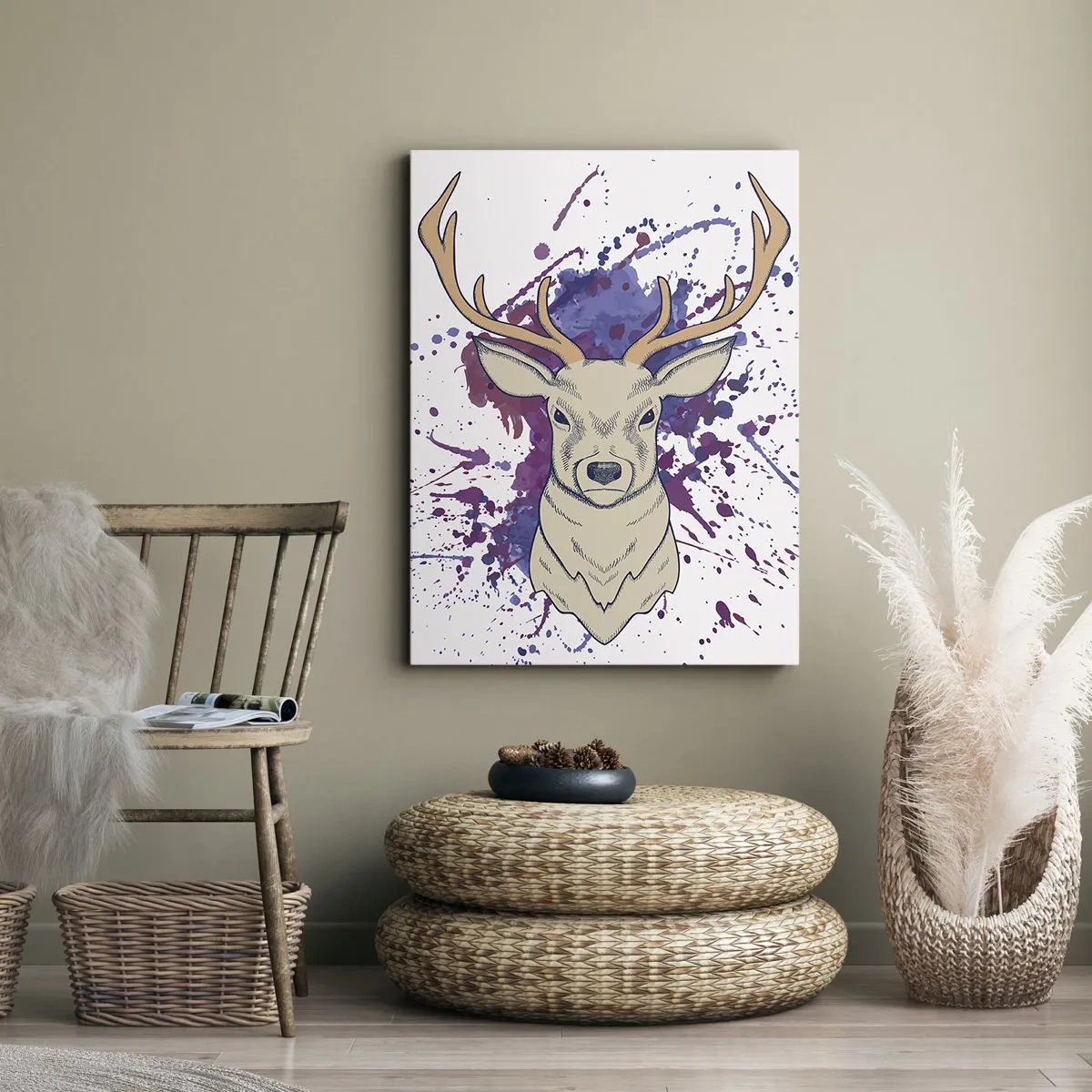 Impression sur toile - Image sur toile - Portrait d'un cerf avec des taches abstraites en arrière-plan - 50x70cm - Courage et équilibre - Décoration murale moderne pour le salon et la chambre ARTTOR