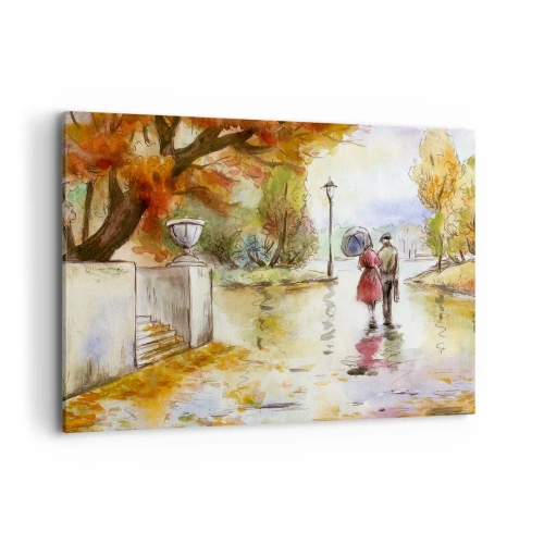 Impression sur toile - Image sur toile - Une promenade dans le parc d'automne avec un parapluie - 100x70cm - Automne romantique dans le parc - Décoration murale moderne pour le salon et la chambre ARTTOR