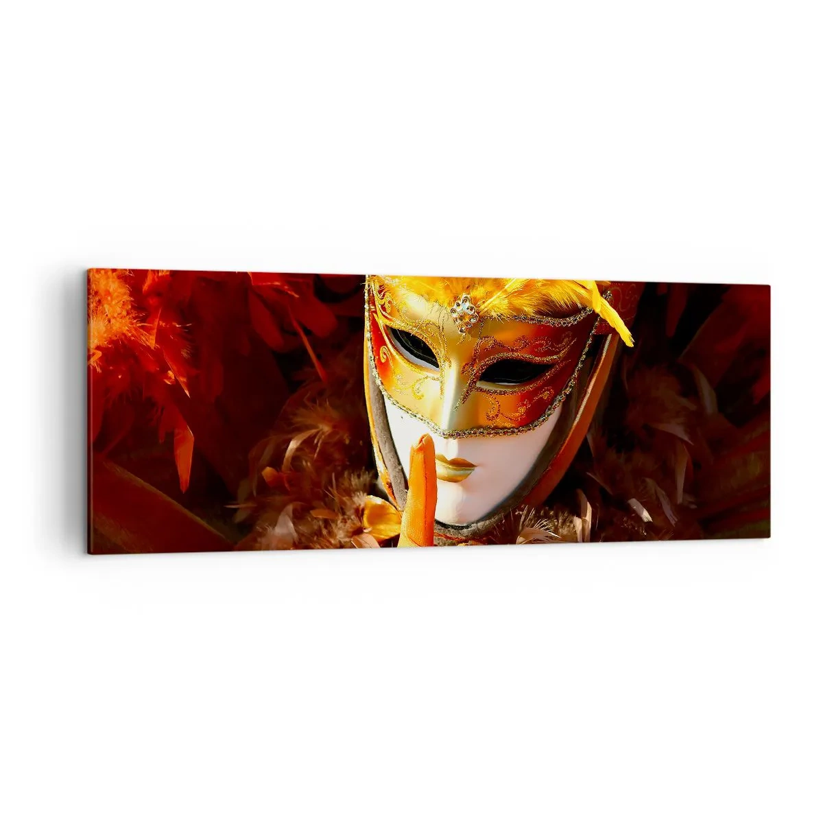 Impression sur toile - Image sur toile - Masque de carnaval aux tons or et orange - 140x50cm - Le secret est une partie du jeu - Décoration murale moderne pour le salon et la chambre ARTTOR