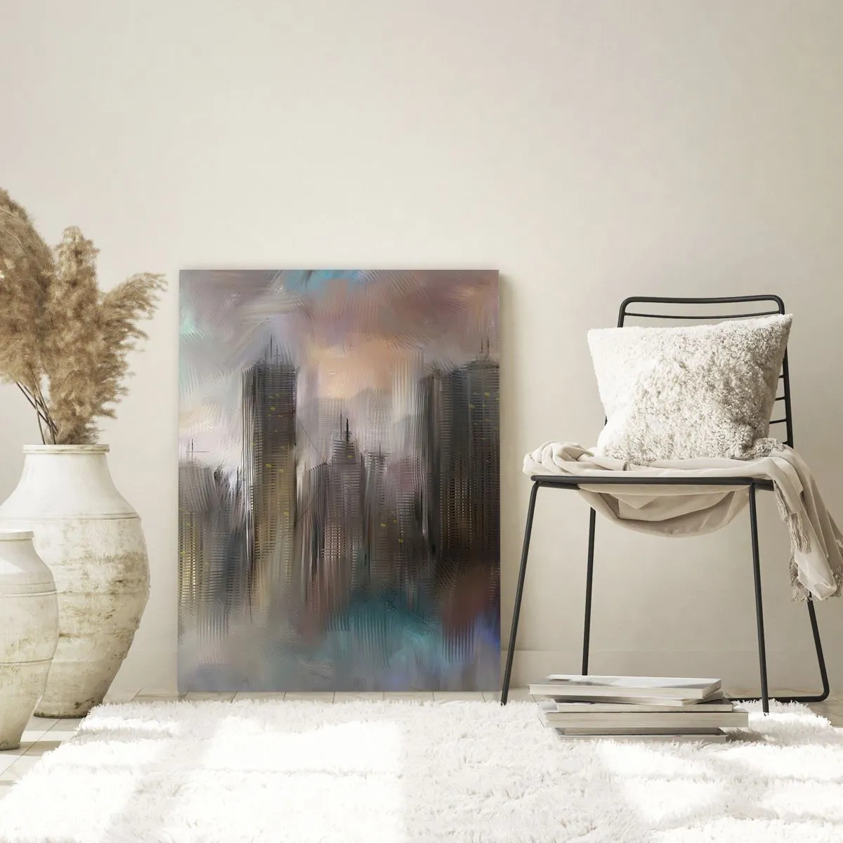 Impression sur verre - Image sur verre - Une vision artistique d'un paysage urbain avec des gratte-ciels aux couleurs pastel. - 80x120cm - Une composition d'acier, de pierre et de brouillard - Décoration murale moderne pour le salon et la chambre ARTTOR