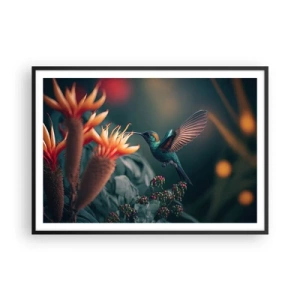 Affiche dans un cadre noir - Poster - Un colibri coloré parmi des fleurs sur un fond naturel - 100x70cm - une vie vraiment colorée - Décoration murale moderne pour le salon et la chambre ARTTOR