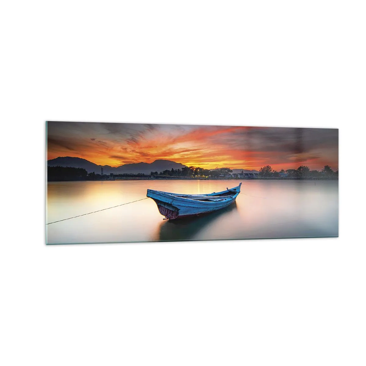 Impression sur verre - Image sur verre - Un bateau sur l'eau pendant un coucher de soleil pittoresque - 140x50cm - Une bonne nuit arrive - Décoration murale moderne pour le salon et la chambre ARTTOR