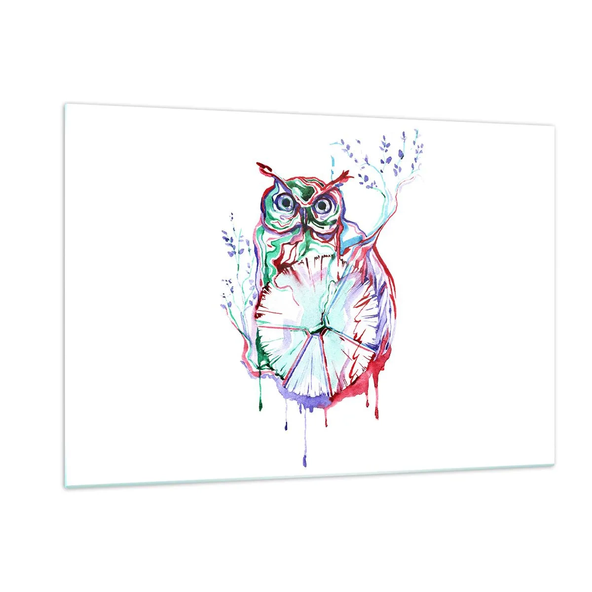 Impression sur verre - Image sur verre - Hibou abstrait dans une composition aquarelle colorée - 120x80cm - Sage par nature - Décoration murale moderne pour le salon et la chambre ARTTOR