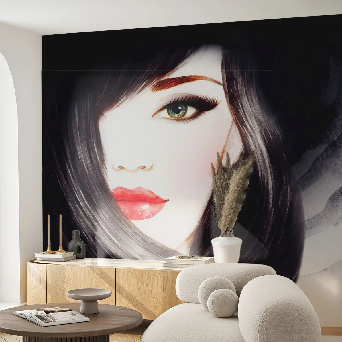 Papier Peint Photo Standard Eco - Aspect saphir - Visage de femme, lèvres rouges, Yeux verts - 400x280 cm