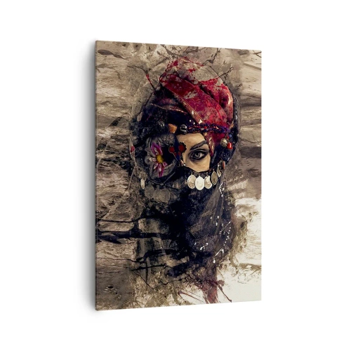 Impression sur toile - Image sur toile - Portrait artistique d'une femme en tenue orientale sur fond abstrait. - 70x100cm - Inquiétant, c'est le moins qu'on puisse dire - Décoration murale moderne pour le salon et la chambre ARTTOR