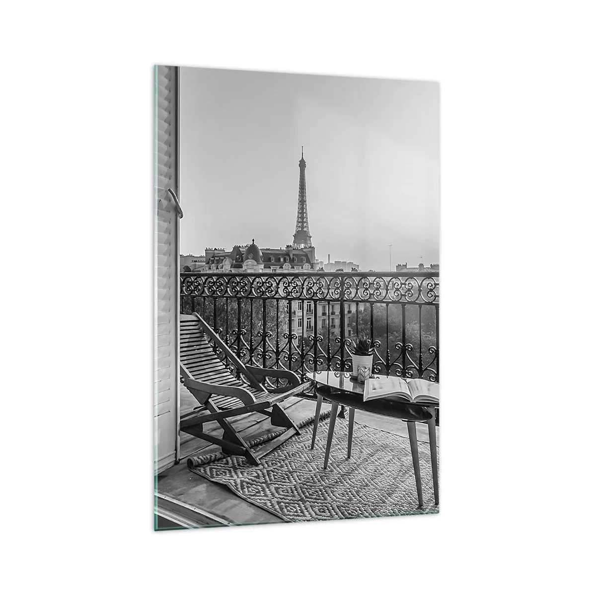 Impression sur verre - Image sur verre - Vue sur la Tour Eiffel depuis le balcon avec transats et table - 70x100cm - Après-midi parisien - Décoration murale moderne pour le salon et la chambre ARTTOR