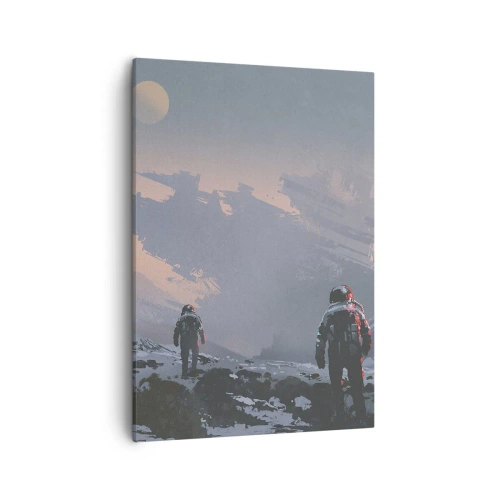 Impression sur toile - Image sur toile - Des astronautes sur une planète extraterrestre avec une épave de vaisseau spatial - 50x70cm - Sous une étoile inconnue - Décoration murale moderne pour le salon et la chambre ARTTOR