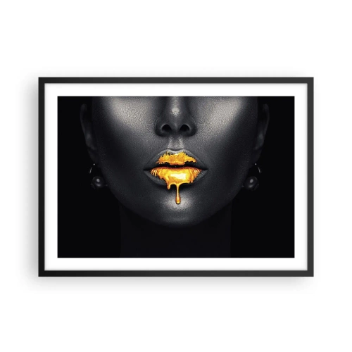 Affiche dans un cadre noir - Poster - Portrait noir et or d'une femme avec une goutte d'or sur les lèvres - 70x50cm - Bouche d'or - Décoration murale moderne pour le salon et la chambre ARTTOR