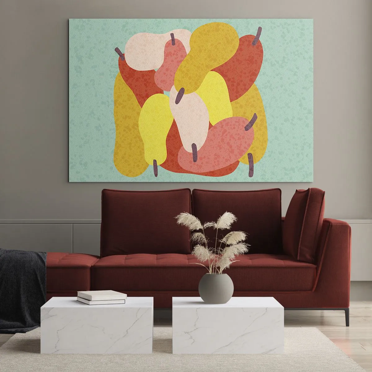 Impression sur verre - Image sur verre - Poires colorées dans un style graphique sur fond turquoise - 70x50cm - Essayez le soleil d'été - Décoration murale moderne pour le salon et la chambre ARTTOR