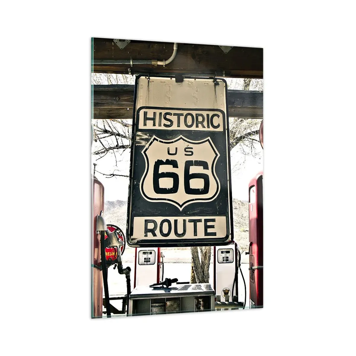 Impression sur verre - Image sur verre - Station-service historique de la Route 66 - 80x120cm - Voyage rétro américain - Décoration murale moderne pour le salon et la chambre ARTTOR