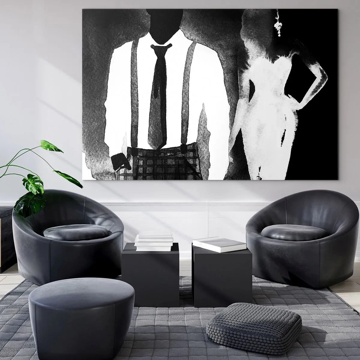 Impression sur verre - Image sur verre - Silhouette noire et blanche d'un élégant couple noir - 120x80cm - Ambiance noire - Décoration murale moderne pour le salon et la chambre ARTTOR