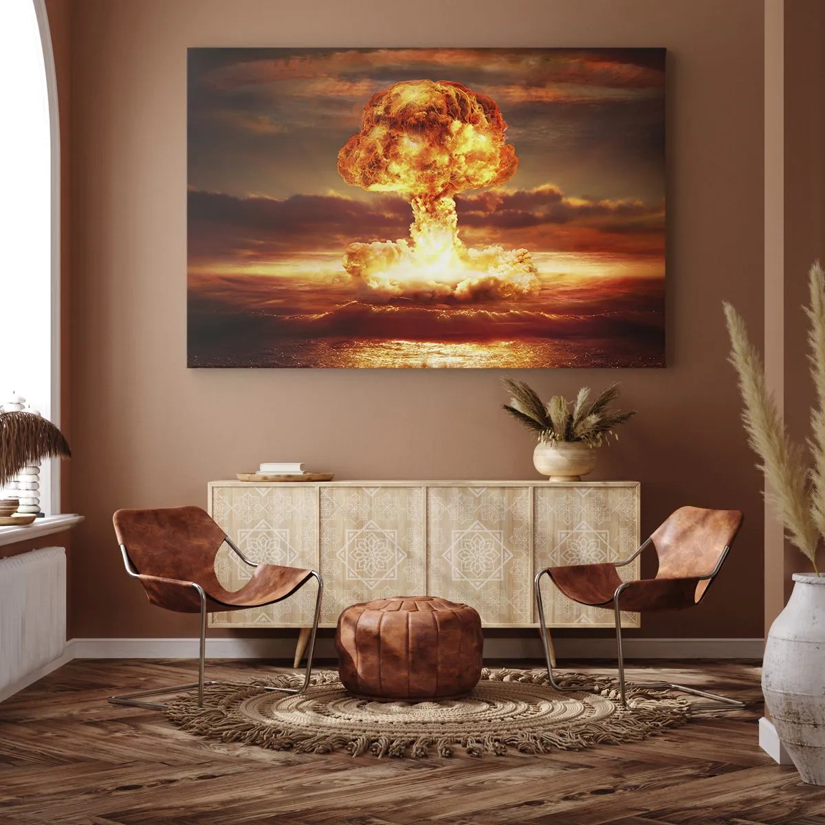 Impression sur toile - Image sur toile - Explosion d'un nuage en forme de champignon sur fond de coucher de soleil - 120x80cm - Et la fin viendra - Décoration murale moderne pour le salon et la chambre ARTTOR