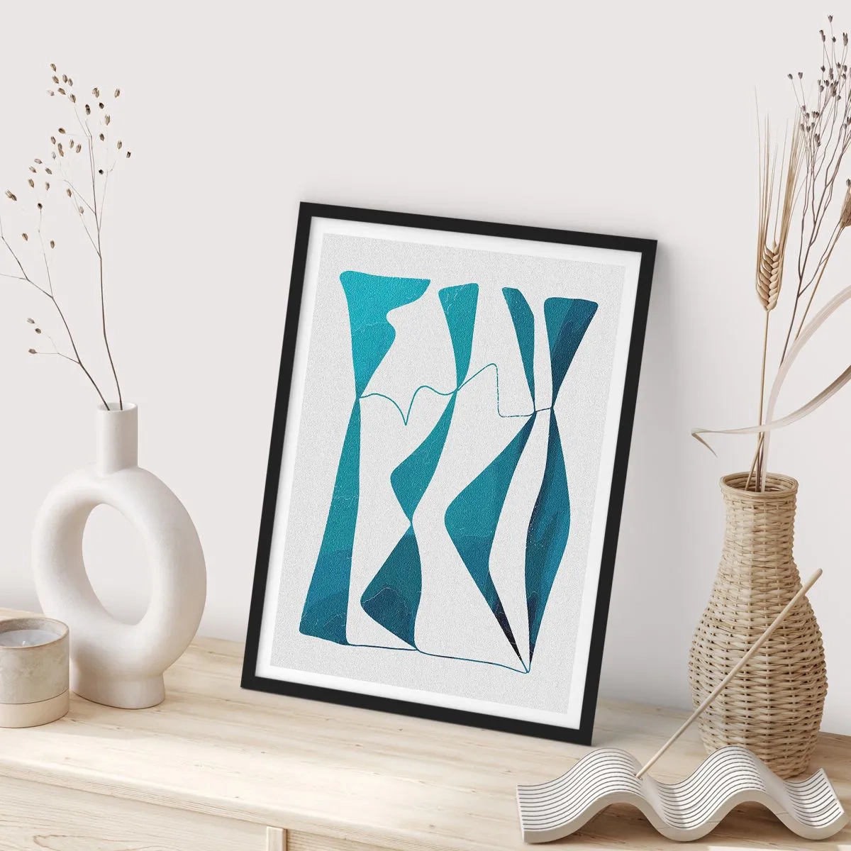 Affiche dans un cadre noir - Poster - Une composition abstraite dans des tons de bleu avec des lignes dynamiques. - 50x70cm - Abstraction : composé turquoise - Décoration murale moderne pour le salon et la chambre ARTTOR