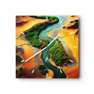 Horloge murale - Pendule murale - Une rivière verte entourée de sable doré et de végétation - 30x30cm - Rivière vivifiante - Décoration murale moderne pour le salon et la chambre ARTTOR