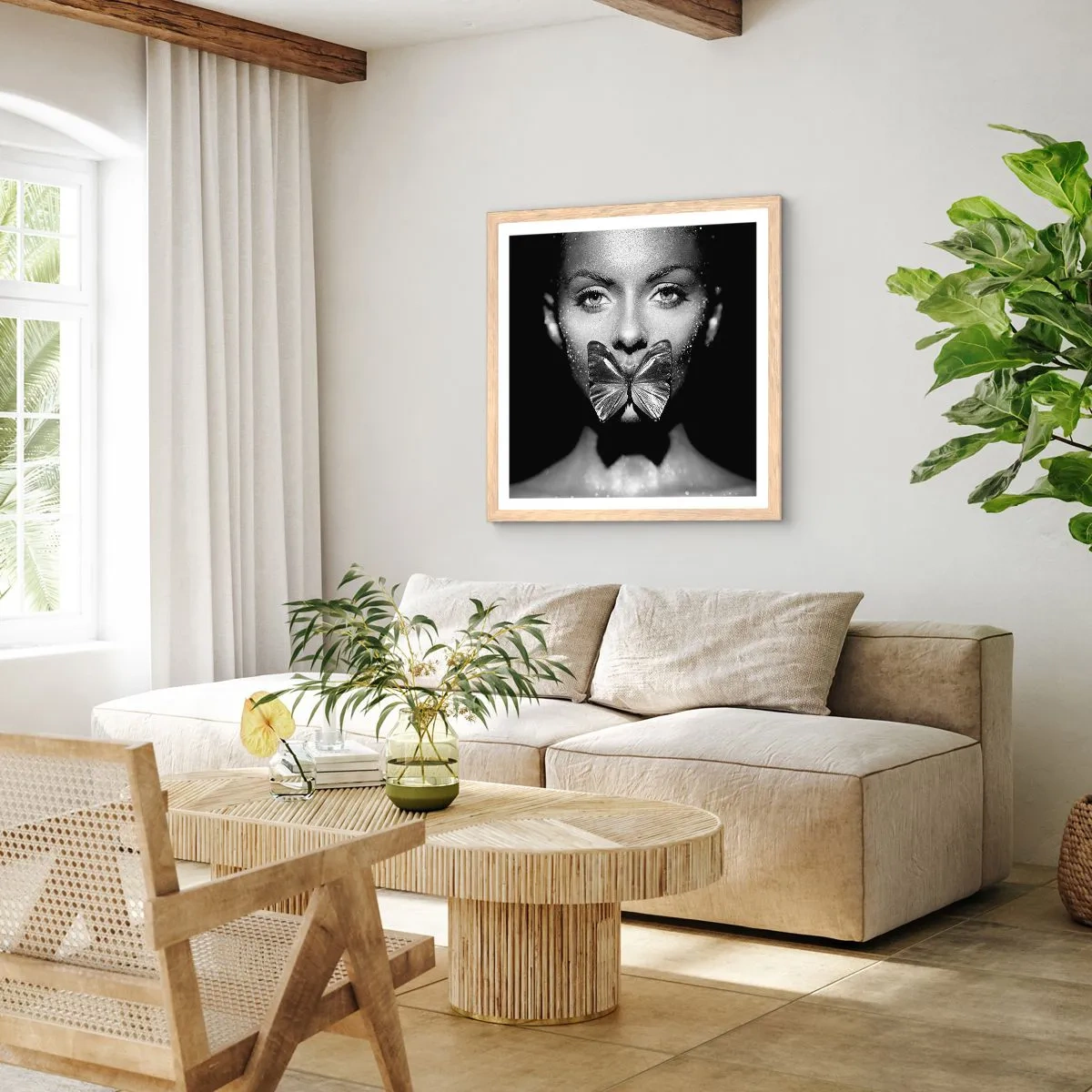 Affiche dans un chêne clair - Poster - Baiser papillon - 60x60 cm