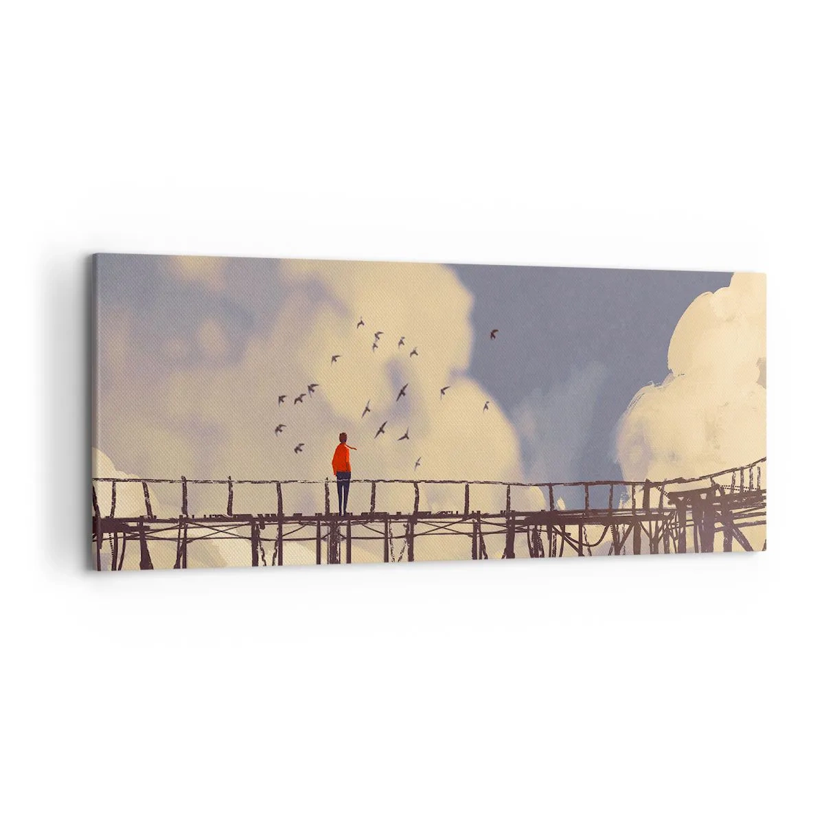 Impression sur toile - Image sur toile - Une silhouette sur un pont parmi les nuages avec des oiseaux dans le ciel - 120x50cm - Bleu nostalgie - Décoration murale moderne pour le salon et la chambre ARTTOR