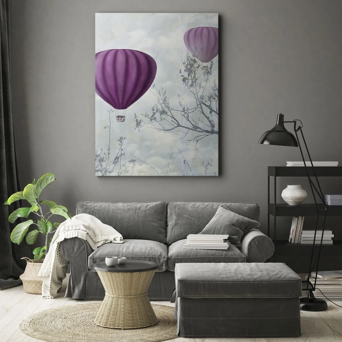Impression sur toile - Image sur toile - Des ballons violets flottant au-dessus des arbres dans les nuages - 80x120cm - Comme des navires dans le ciel - Décoration murale moderne pour le salon et la chambre ARTTOR