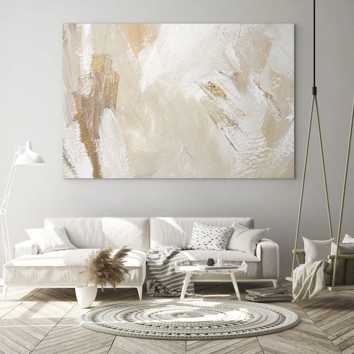 Impression sur verre - Image sur verre - Abstraction beige et blanche avec des accents dorés - 70x50cm - Composition pastel - Décoration murale moderne pour le salon et la chambre ARTTOR
