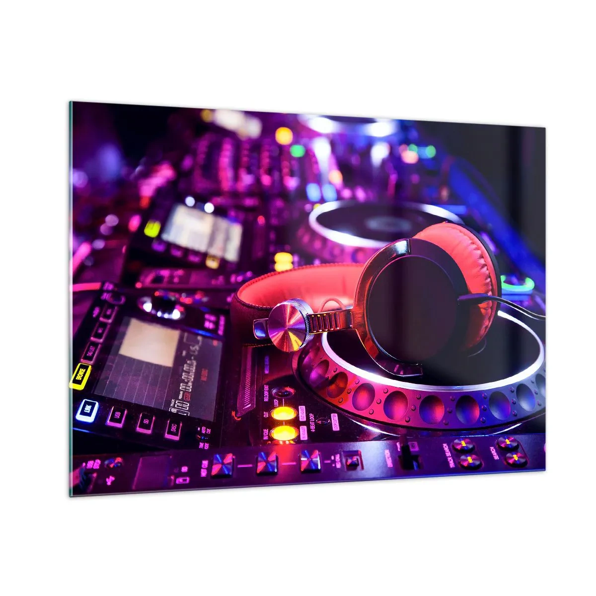 Impression sur verre - Image sur verre - Équipement DJ coloré avec casque rouge - 100x70cm - Avant que le plaisir ne commence - Décoration murale moderne pour le salon et la chambre ARTTOR