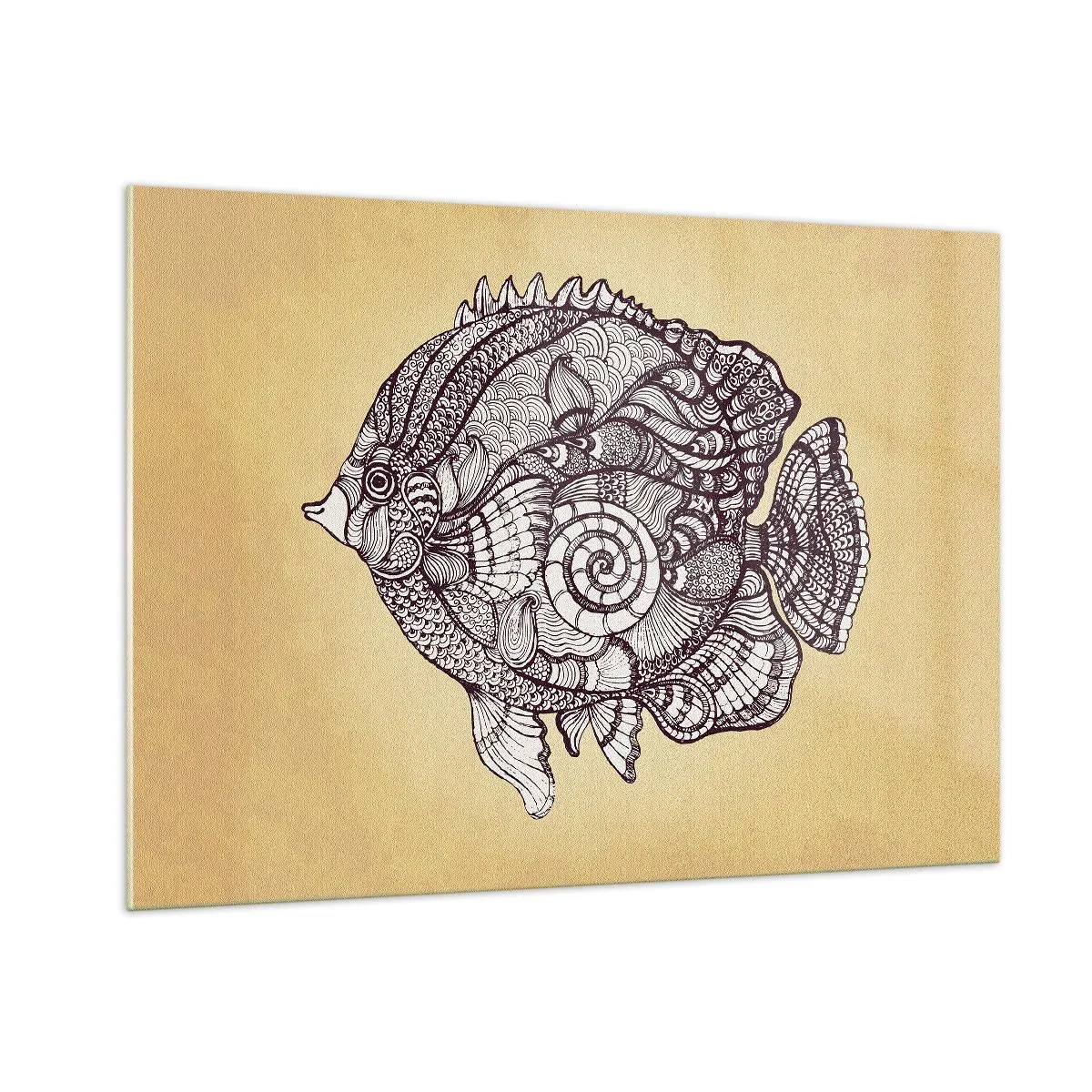 Impression sur verre - Image sur verre - Un poisson de dessin animé avec des ornements sur un fond beige - 100x70cm - D'un océan d'ornements - Décoration murale moderne pour le salon et la chambre ARTTOR
