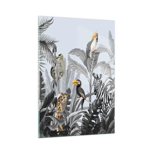 Impression sur verre - Image sur verre - Animaux exotiques dans une jungle en noir et blanc sur fond clair - 50x70cm - Conte de fées africain - Décoration murale moderne pour le salon et la chambre ARTTOR