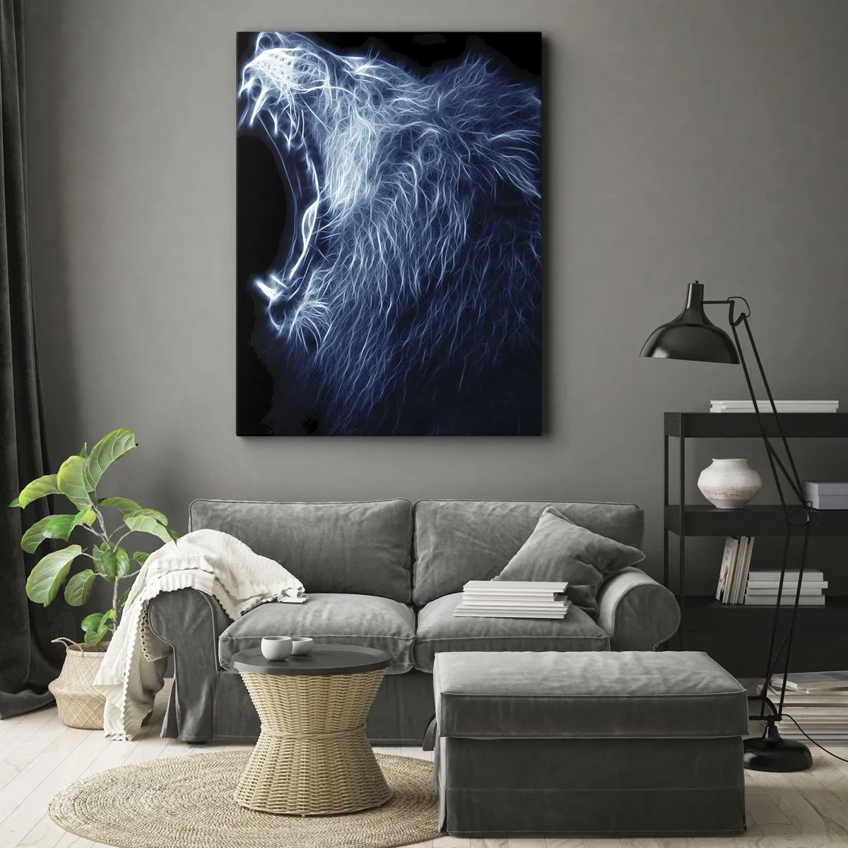 Impression sur toile - Image sur toile - Un visage saisissant de lion dans un style néon - 50x70cm - La colère ardente du roi - Décoration murale moderne pour le salon et la chambre ARTTOR