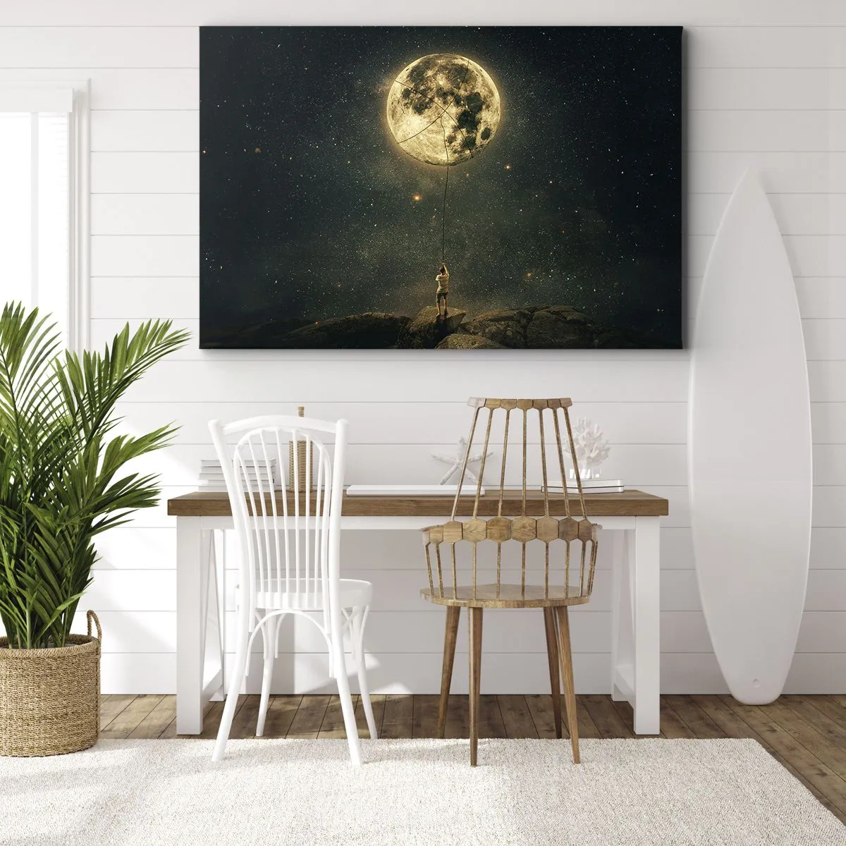 Impression sur toile - Image sur toile - L'homme avec la lune contre le ciel étoilé - 120x80cm - Celui qui a volé la lune - Décoration murale moderne pour le salon et la chambre ARTTOR