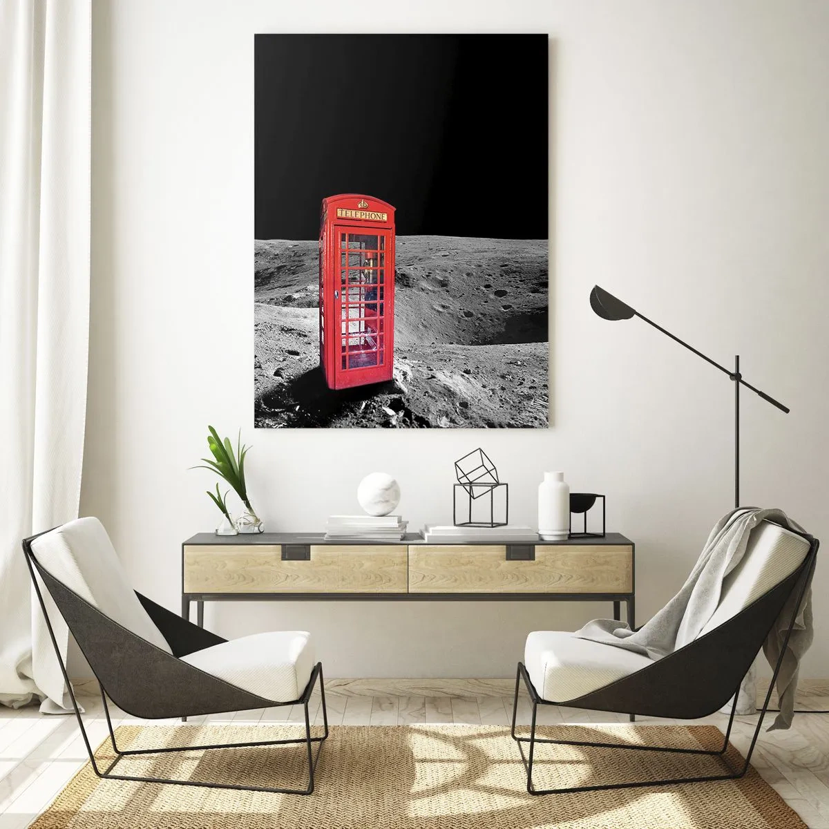 Impression sur verre - Image sur verre - Cabine téléphonique rouge sur la lune - 80x120cm - Une blague cosmique - Décoration murale moderne pour le salon et la chambre ARTTOR