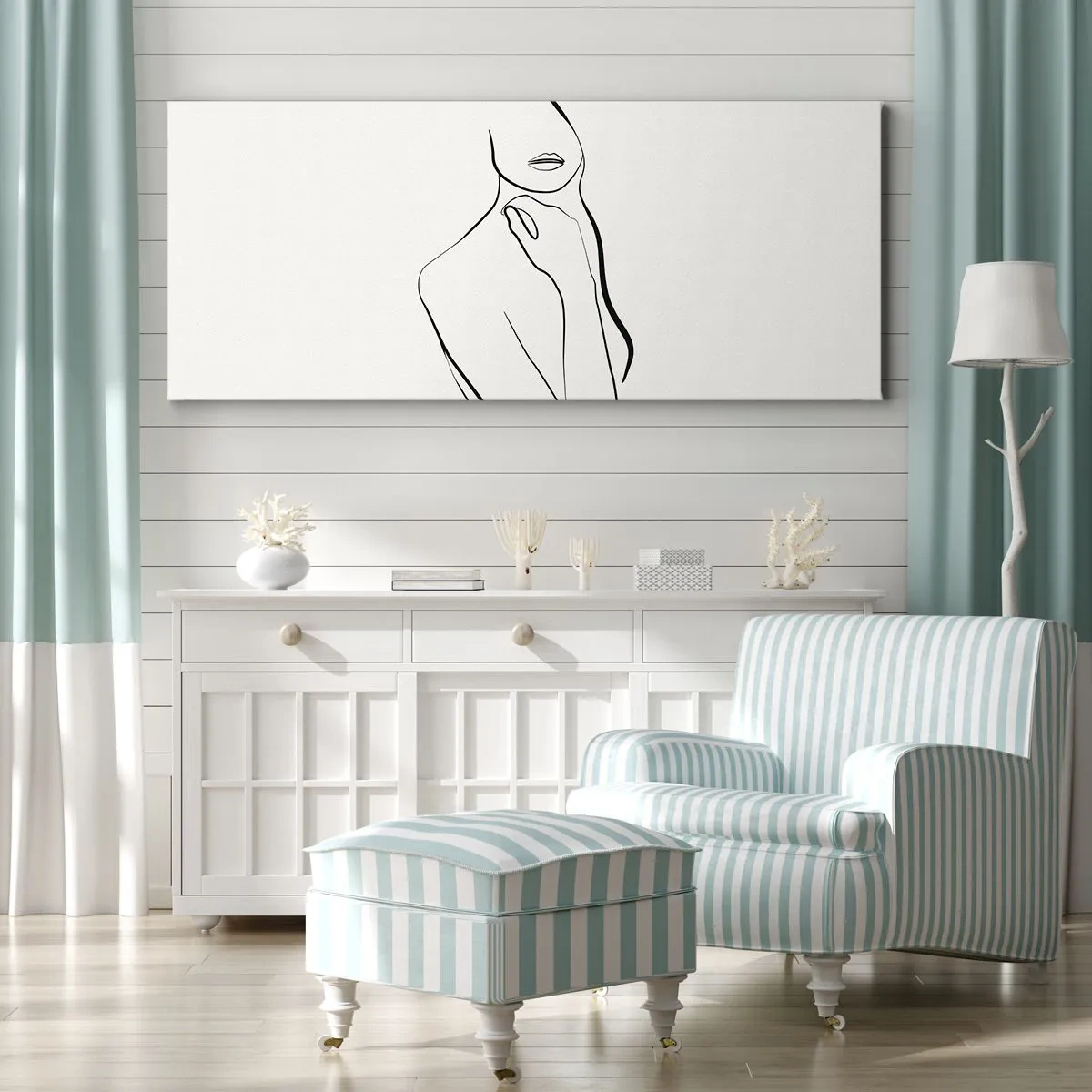 Impression sur toile - Image sur toile - Un croquis minimaliste de la silhouette d'une femme sur un fond clair. - 160x50cm - Vague de mélancolie - Décoration murale moderne pour le salon et la chambre ARTTOR