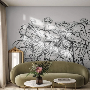 Papier Peint Photo Premium Sand - Croquis de cyclistes en course sur fond clair - 100x70cm - Ensemble en équipe - Décoration murale moderne pour le salon et la chambre ARTTOR