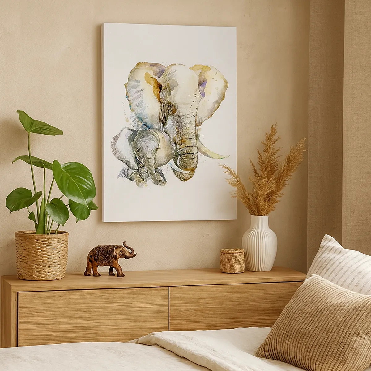 Impression sur toile - Image sur toile - Éléphants à l'aquarelle aux couleurs subtiles - 50x70cm - Rien ne peut égaler maman - Décoration murale moderne pour le salon et la chambre ARTTOR