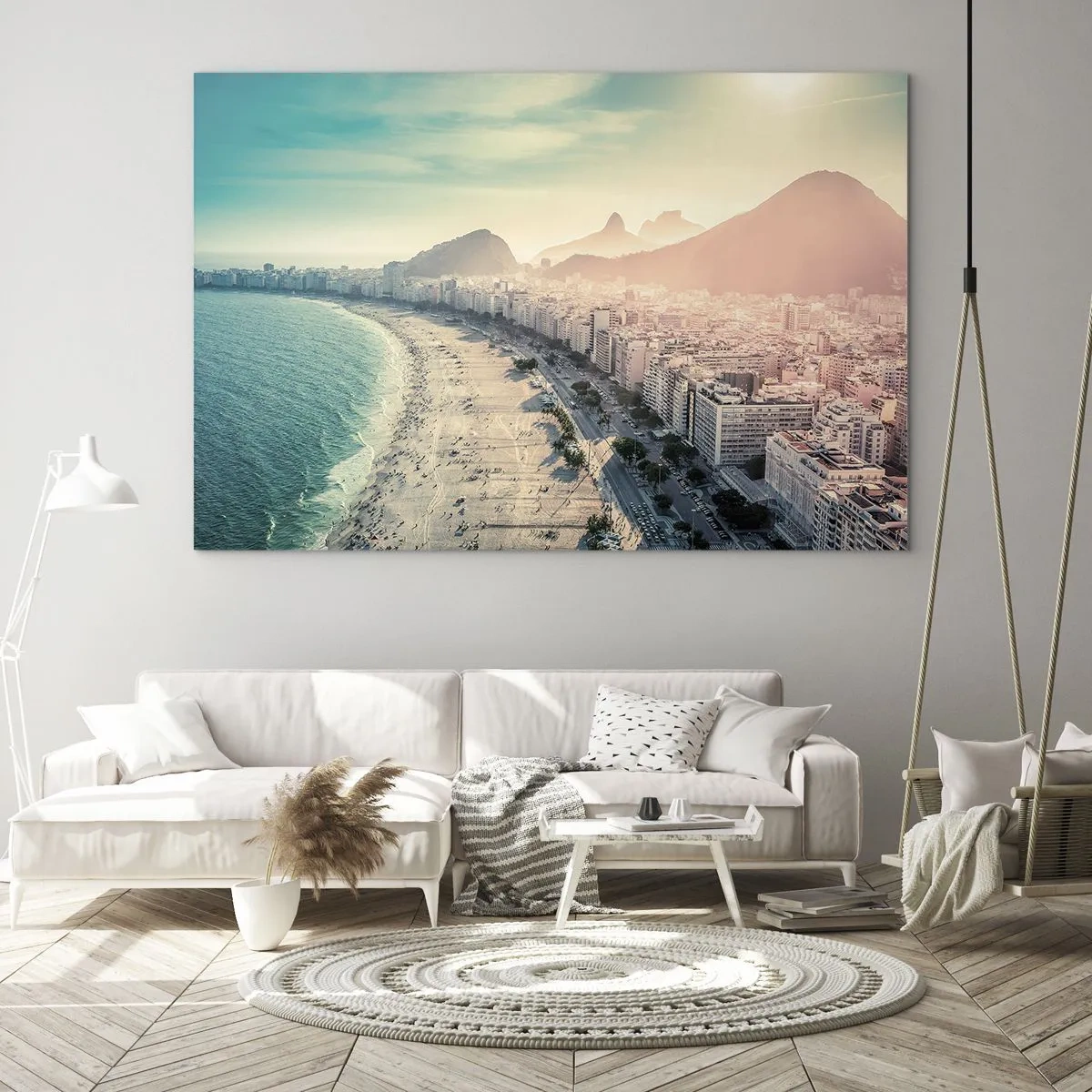Impression sur verre - Image sur verre - Panorama de la plage avec des bâtiments urbains et un arrière-plan de montagne - 100x70cm - Vacances éternelles à Rio - Décoration murale moderne pour le salon et la chambre ARTTOR