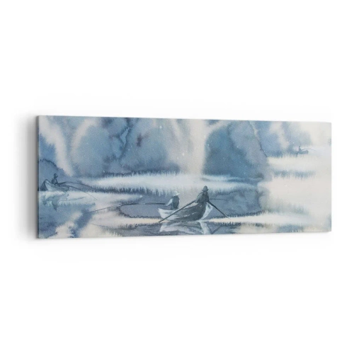Impression sur toile - Image sur toile - Paysage à l'aquarelle avec des bateaux sur un lac entouré d'une forêt brumeuse - 140x50cm - Les pêcheurs dans leur paradis - Décoration murale moderne pour le salon et la chambre ARTTOR