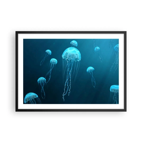 Affiche dans un cadre noir - Poster - Méduses flottant dans les profondeurs de l'océan dans des tons bleus - 70x50cm - Danse océanique - Décoration murale moderne pour le salon et la chambre ARTTOR