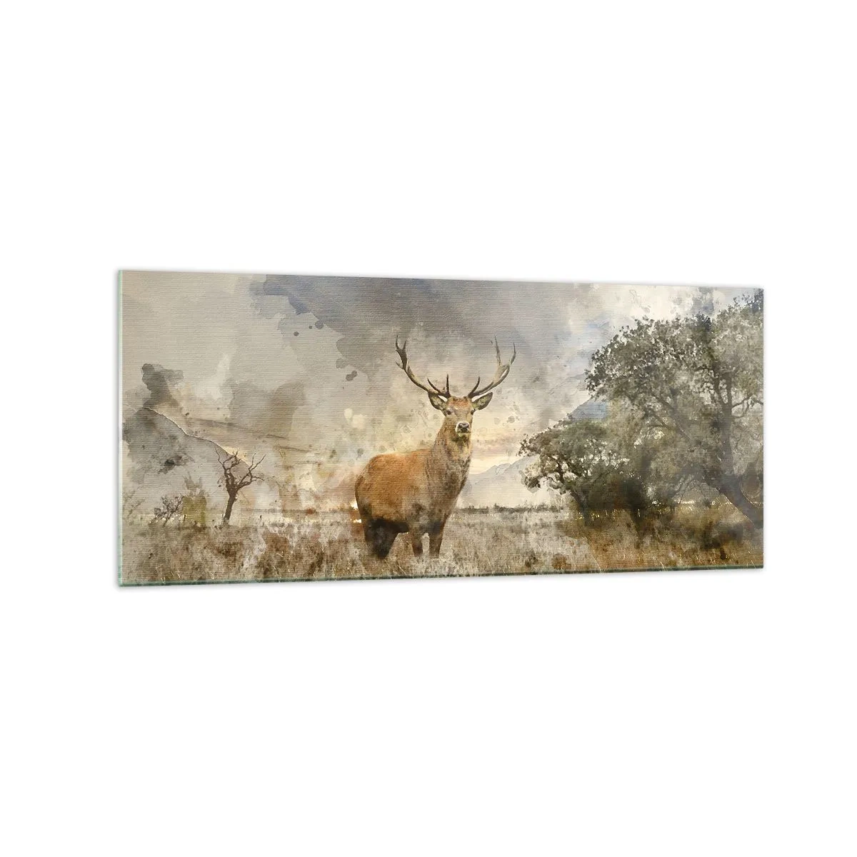Impression sur verre - Image sur verre - Un cerf dans un cadre naturel dans un style aquarelle - 120x50cm - Dignité - force - majesté - Décoration murale moderne pour le salon et la chambre ARTTOR