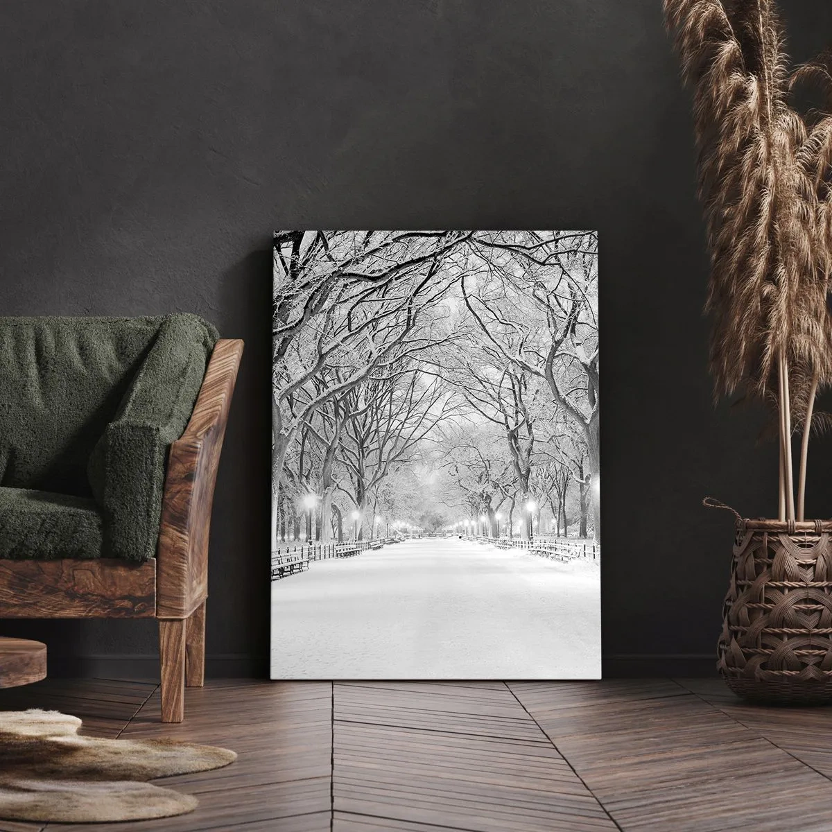 Impression sur toile - Image sur toile - Une allée d'hiver avec des arbres enneigés en monochrome - 80x120cm - Les quatres saisons – l’hiver - Décoration murale moderne pour le salon et la chambre ARTTOR