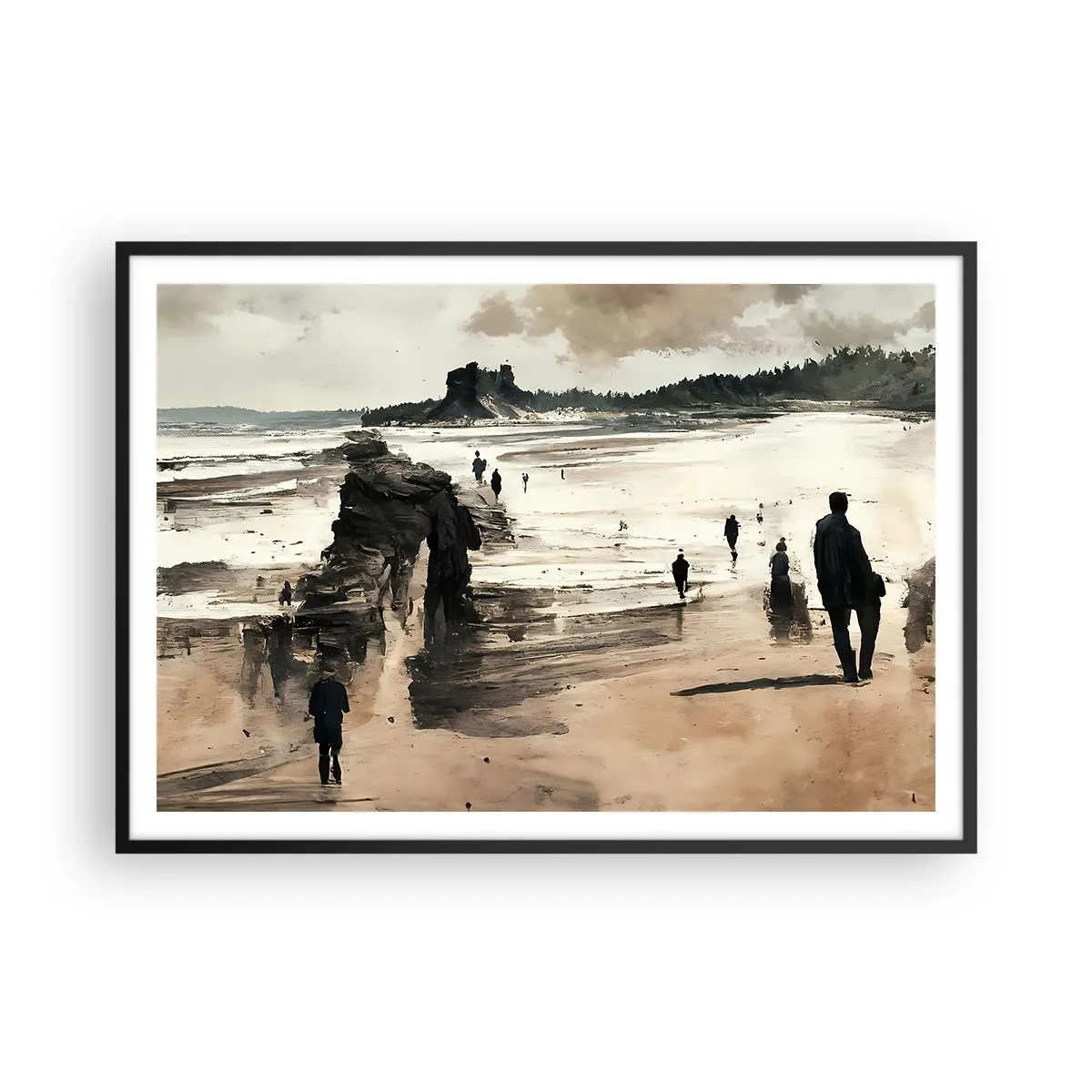 Affiche dans un cadre noir - Poster - Promeneurs sur la plage dans un paysage paisible - 100x70cm - Invoqué - Décoration murale moderne pour le salon et la chambre ARTTOR