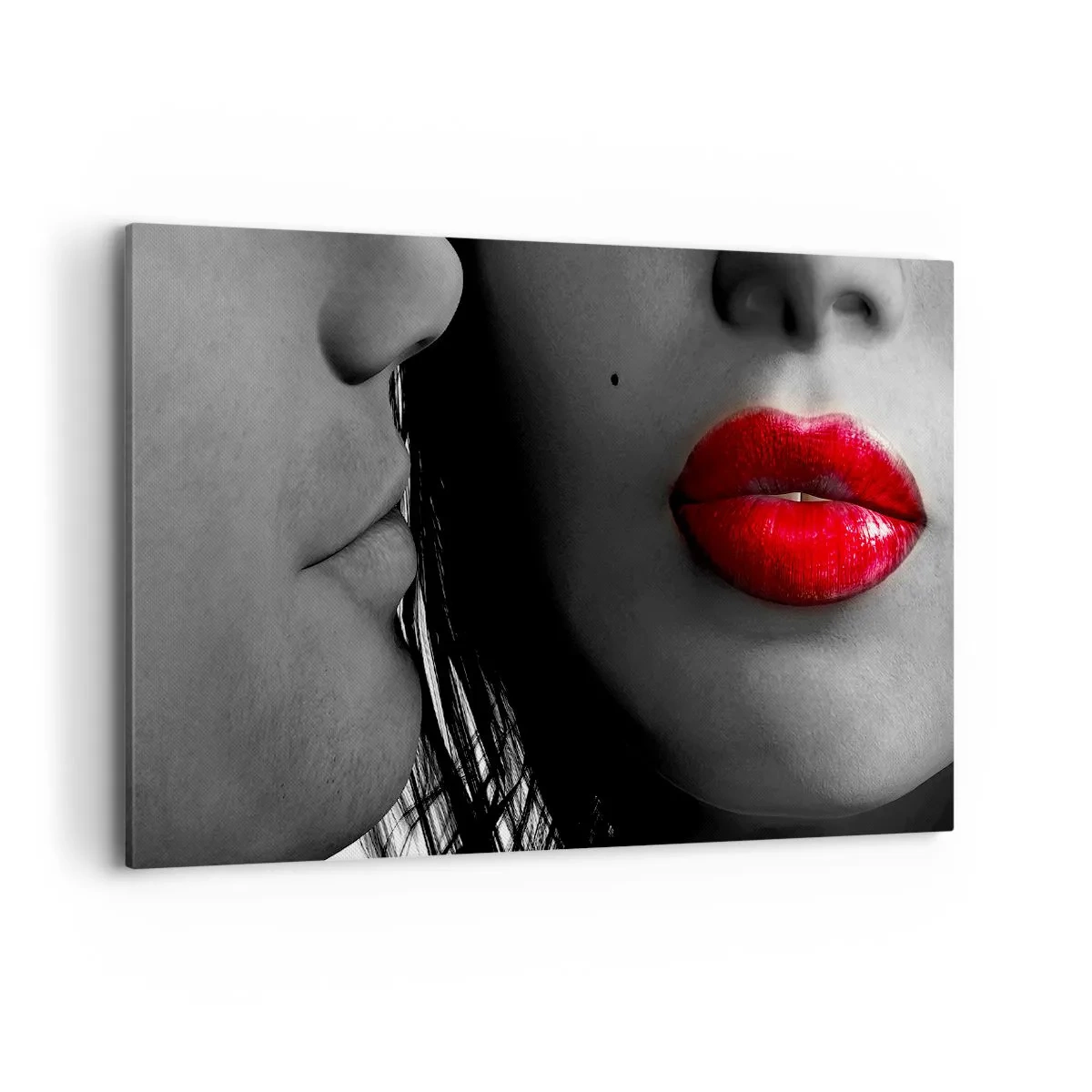 Impression sur toile - Image sur toile - Gros plan des visages d'une femme et d'un homme aux lèvres rouges. - 120x80cm - Face à face - Décoration murale moderne pour le salon et la chambre ARTTOR