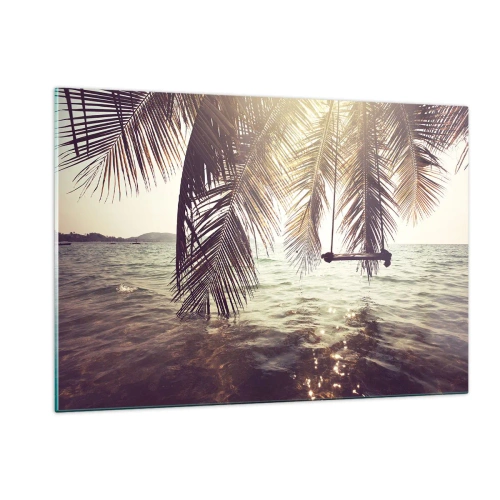 Impression sur verre - Image sur verre - Une plage avec des palmiers et une balançoire sur une mer calme - 120x80cm - Vous pouvez vous balancer dans les nuages