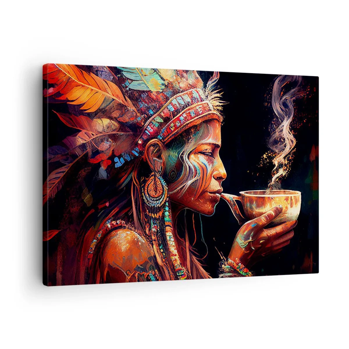 Impression sur toile - Image sur toile - Une figure colorée de style ethnique avec une tasse de boisson fumante - 70x50cm - Rituel magique - Décoration murale moderne pour le salon et la chambre ARTTOR