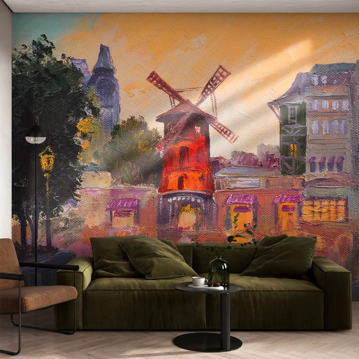 Papier Peint Photo Premium Sand - Le moulin à vent rouge du Moulin Rouge dans le paysage parisien - 100x70cm - Icones parisiennes – le Moulin rouge - Décoration murale moderne pour le salon et la chambre ARTTOR