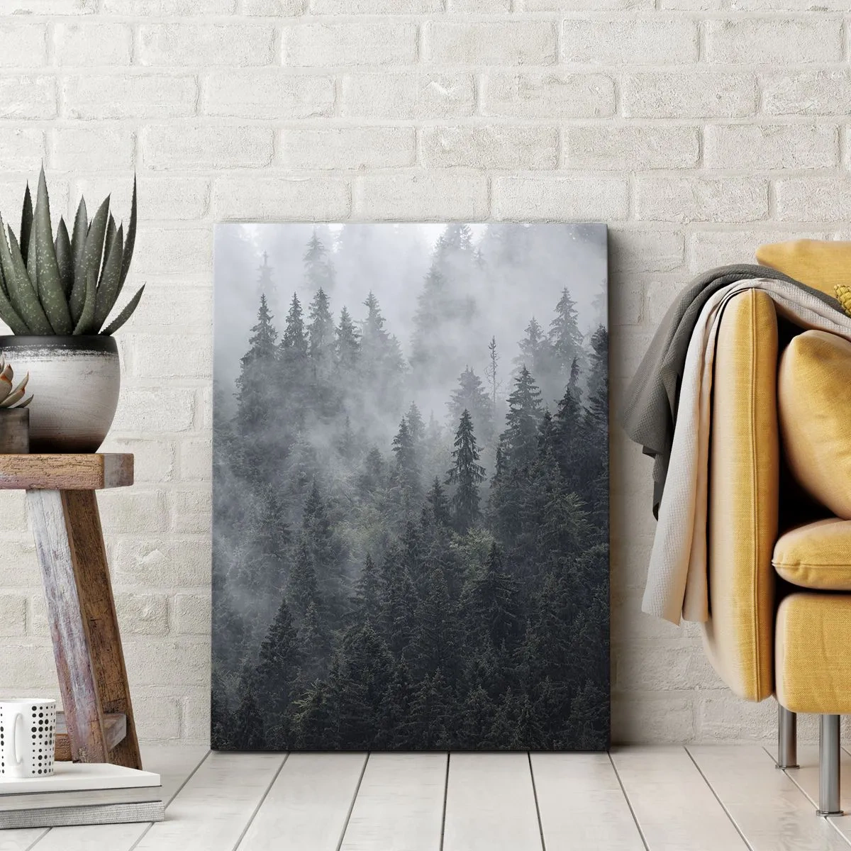 Impression sur toile - Image sur toile - Forêt de conifères brumeuse aux tons gris et verts - 50x70cm - Aube de la forêt - Décoration murale moderne pour le salon et la chambre ARTTOR
