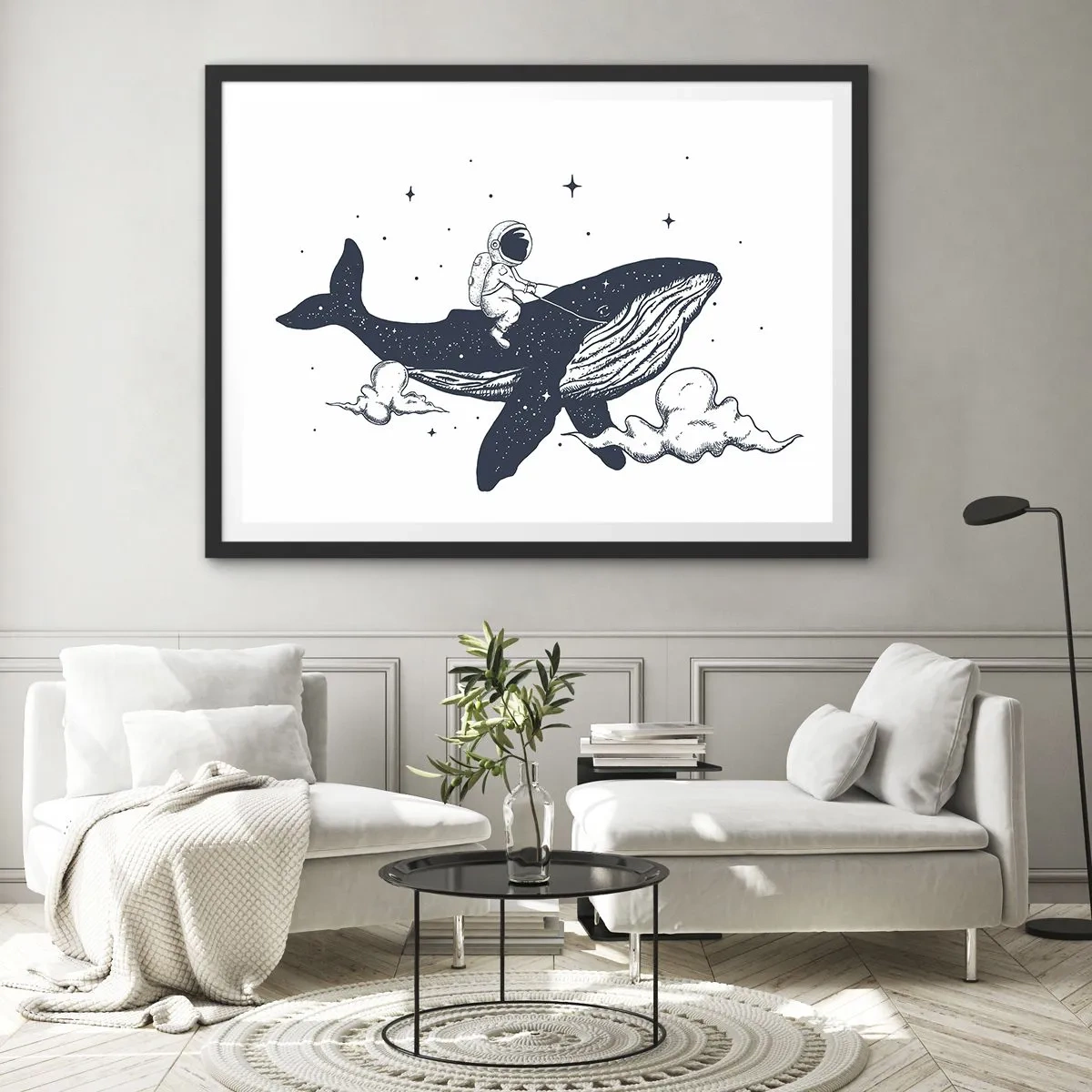Affiche dans un cadre noir - Poster - Astronaute sur une baleine flottant dans l'espace - 70x50cm - Aventure spatiale - Décoration murale moderne pour le salon et la chambre ARTTOR