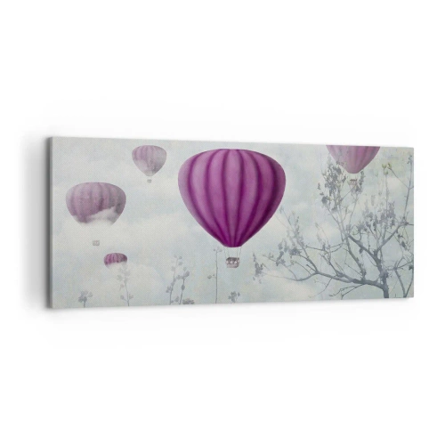 Impression sur toile - Image sur toile - Des ballons violets flottant au-dessus des arbres dans les nuages - 120x50cm - Comme des navires dans le ciel - Décoration murale moderne pour le salon et la chambre ARTTOR
