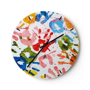 Horloge murale - Pendule murale - Empreintes de mains colorées sur fond blanc - 30x30cm - Suivez les traces - Décoration murale moderne pour le salon, la cuisine et la chambre ARTTOR