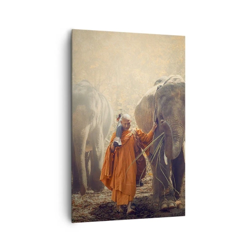Impression sur toile - Image sur toile - Un moine en robe orange conduit un éléphant dans la forêt. - 80x120cm - Compréhension totale - Décoration murale moderne pour le salon et la chambre ARTTOR