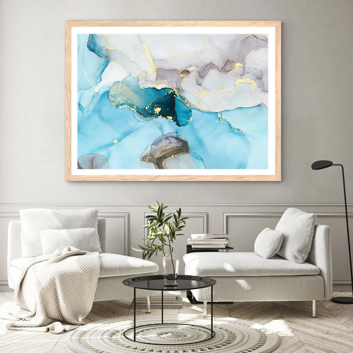 Affiche dans un chêne clair - Poster - Etude de la rencontre gris et turquoise - 91x61 cm