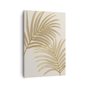 Impression sur toile - Image sur toile - Feuilles de palmier dorées sur fond clair dans un style minimaliste - 70x100cm - Palme d'or! - Décoration murale moderne pour le salon et la chambre ARTTOR